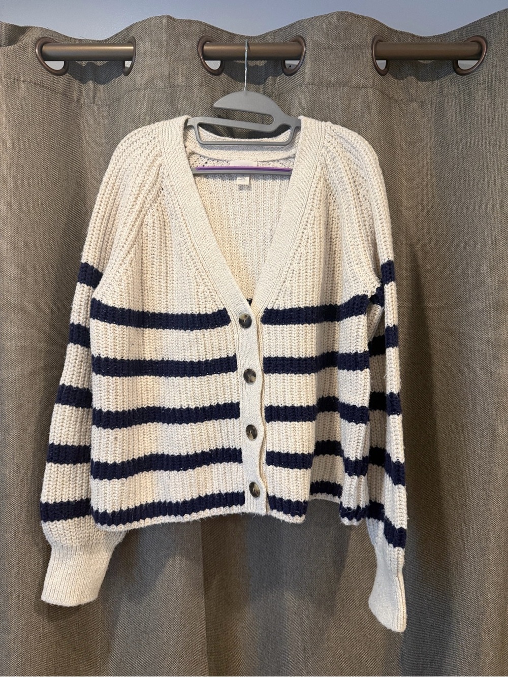 Caslon Cream & Navy Striped Button-Front Cardigan